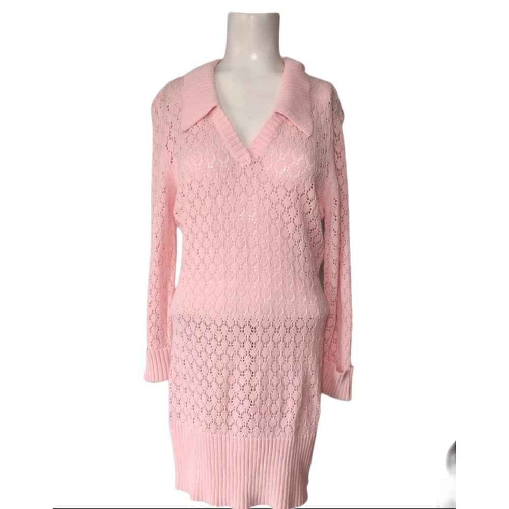Vintage Adolfo Open Knit Sweater Dress Size L Pink Coquette Career Stretch